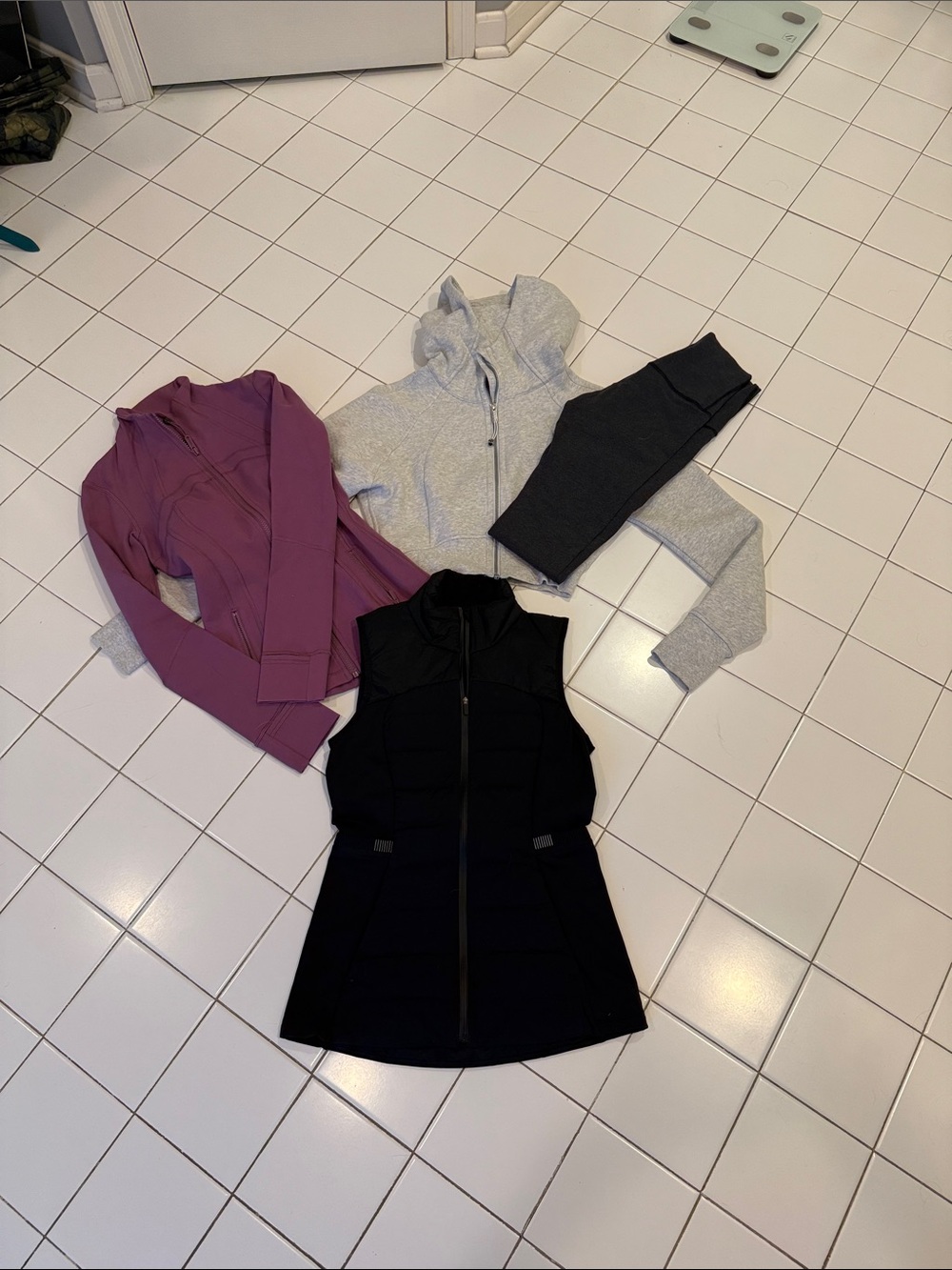 Mixed Activewear Set - Black Vest, Plum Jacket, Gray Hoodie & Charcoal Leggings